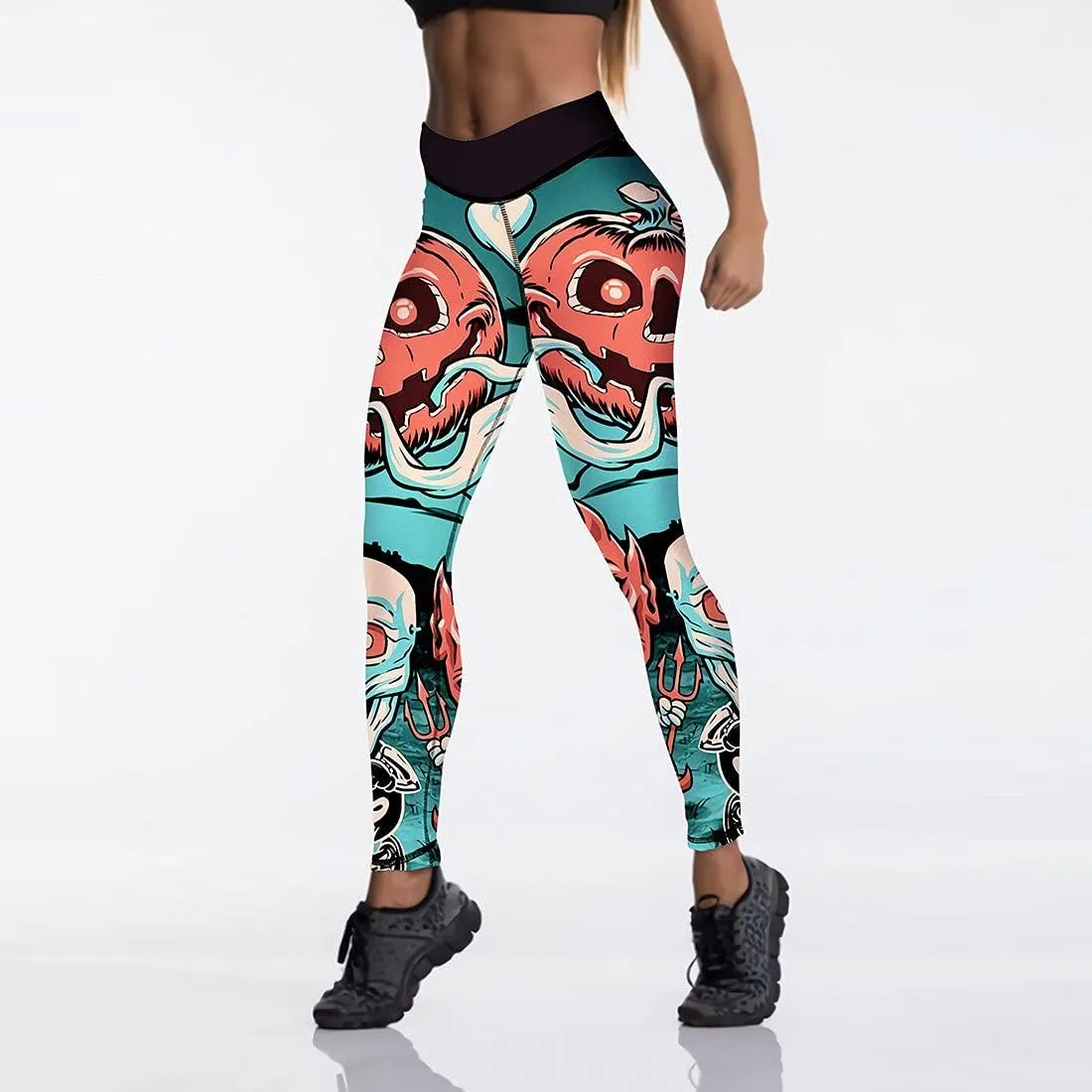 JIFRE Nude Feeling Halloween Love Skull Printed Leggings for Women Workout Running Yoga High Waist Workout Long Trousers