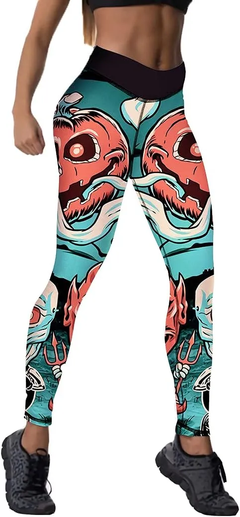 JIFRE Nude Feeling Halloween Love Skull Printed Leggings for Women Workout Running Yoga High Waist Workout Long Trousers