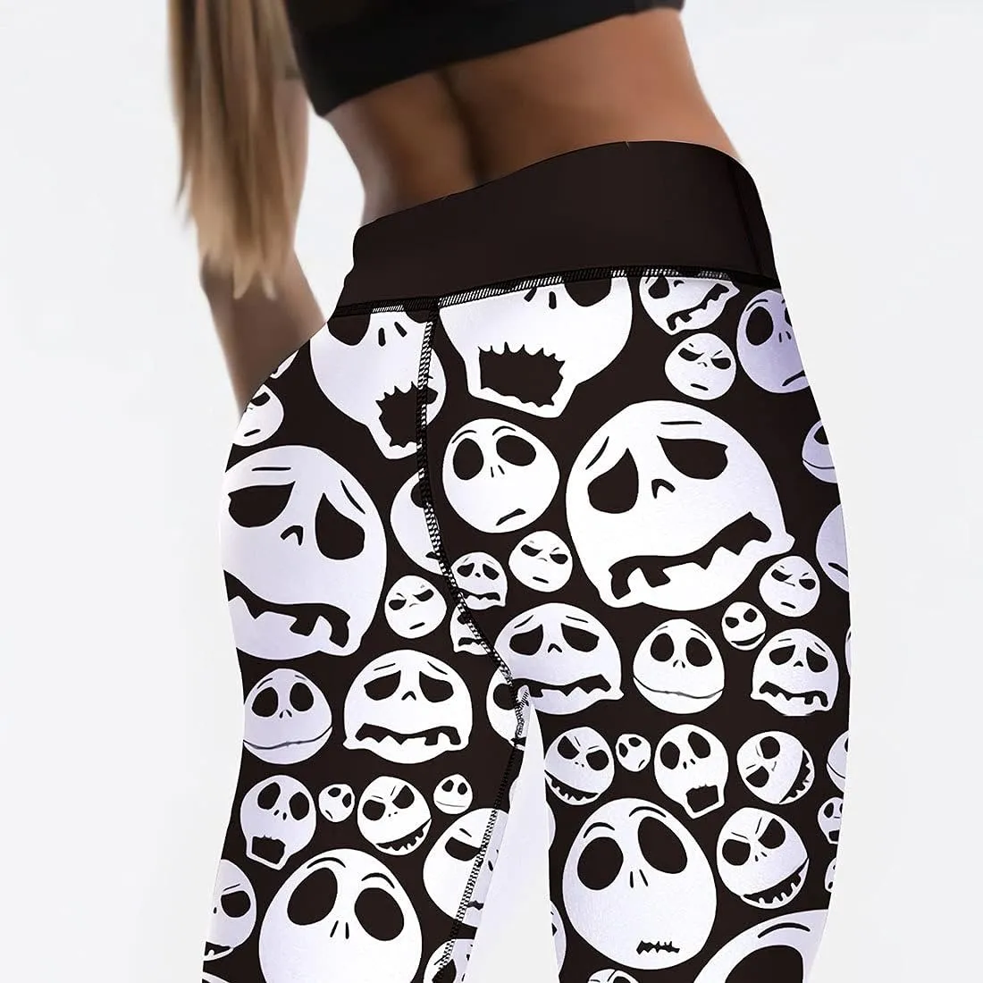 JIFRE Nude Feeling Halloween Love Skull Printed Leggings for Women Workout Running Yoga High Waist Workout Long Trousers