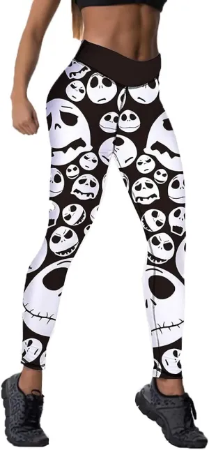 JIFRE Nude Feeling Halloween Love Skull Printed Leggings for Women Workout Running Yoga High Waist Workout Long Trousers
