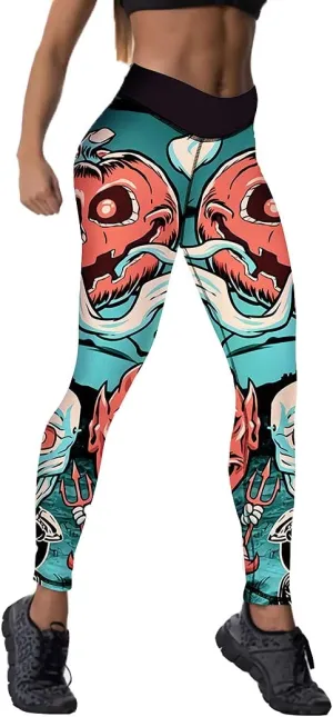 JIFRE Nude Feeling Halloween Love Skull Printed Leggings for Women Workout Running Yoga High Waist Workout Long Trousers