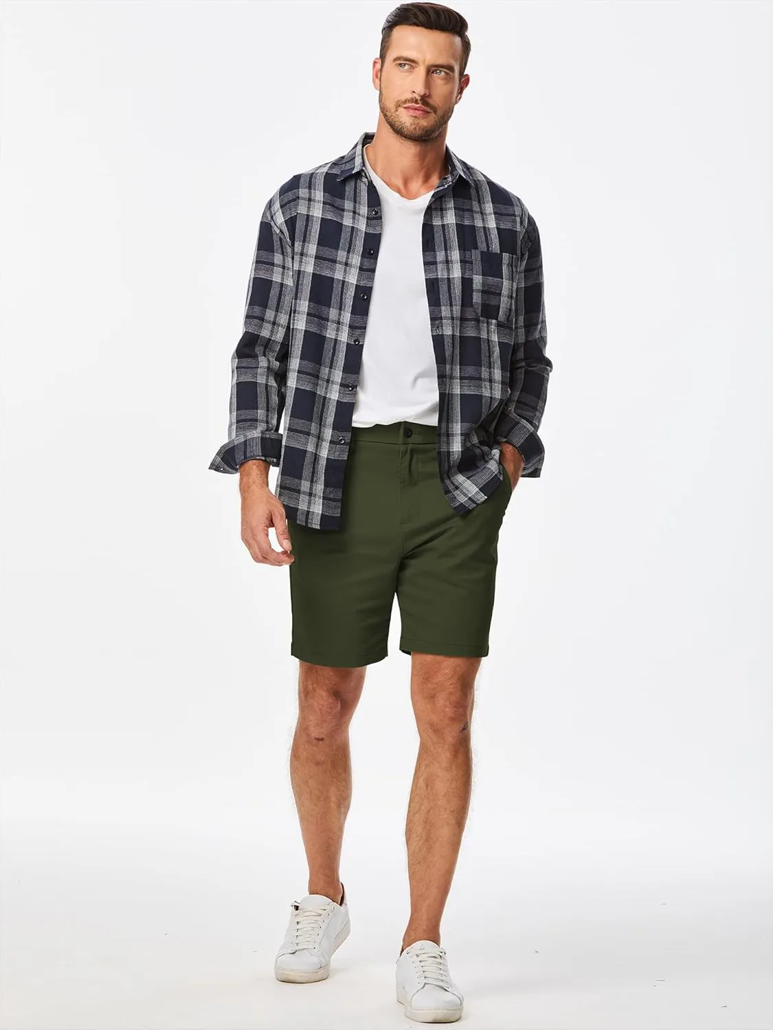 JMIERR Men's Classic-Fit 7" Chino Short Summer Stretch Waist Cotton Twill Casual Dress Shorts with Pockets