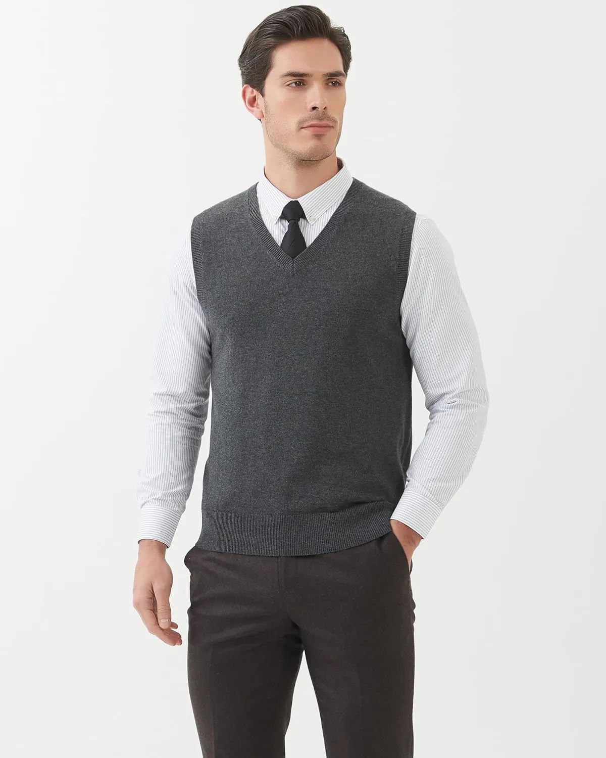 Kallspin Men's Wool Blended Vest Sweater Relaxed Fit V Neck Sleeveless Knitted Pullover