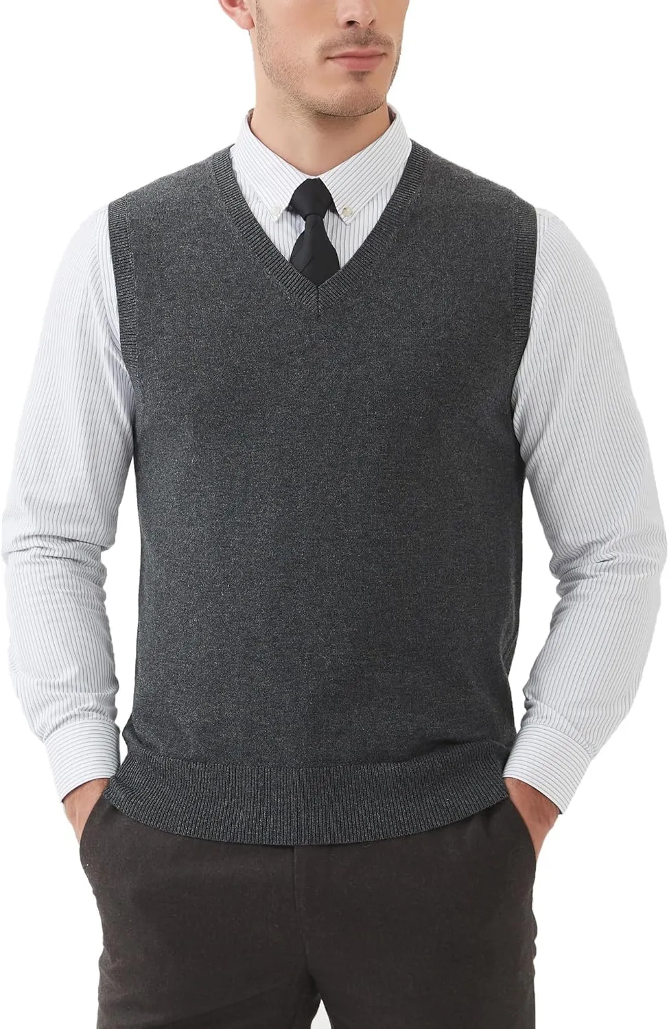 Kallspin Men's Wool Blended Vest Sweater Relaxed Fit V Neck Sleeveless Knitted Pullover