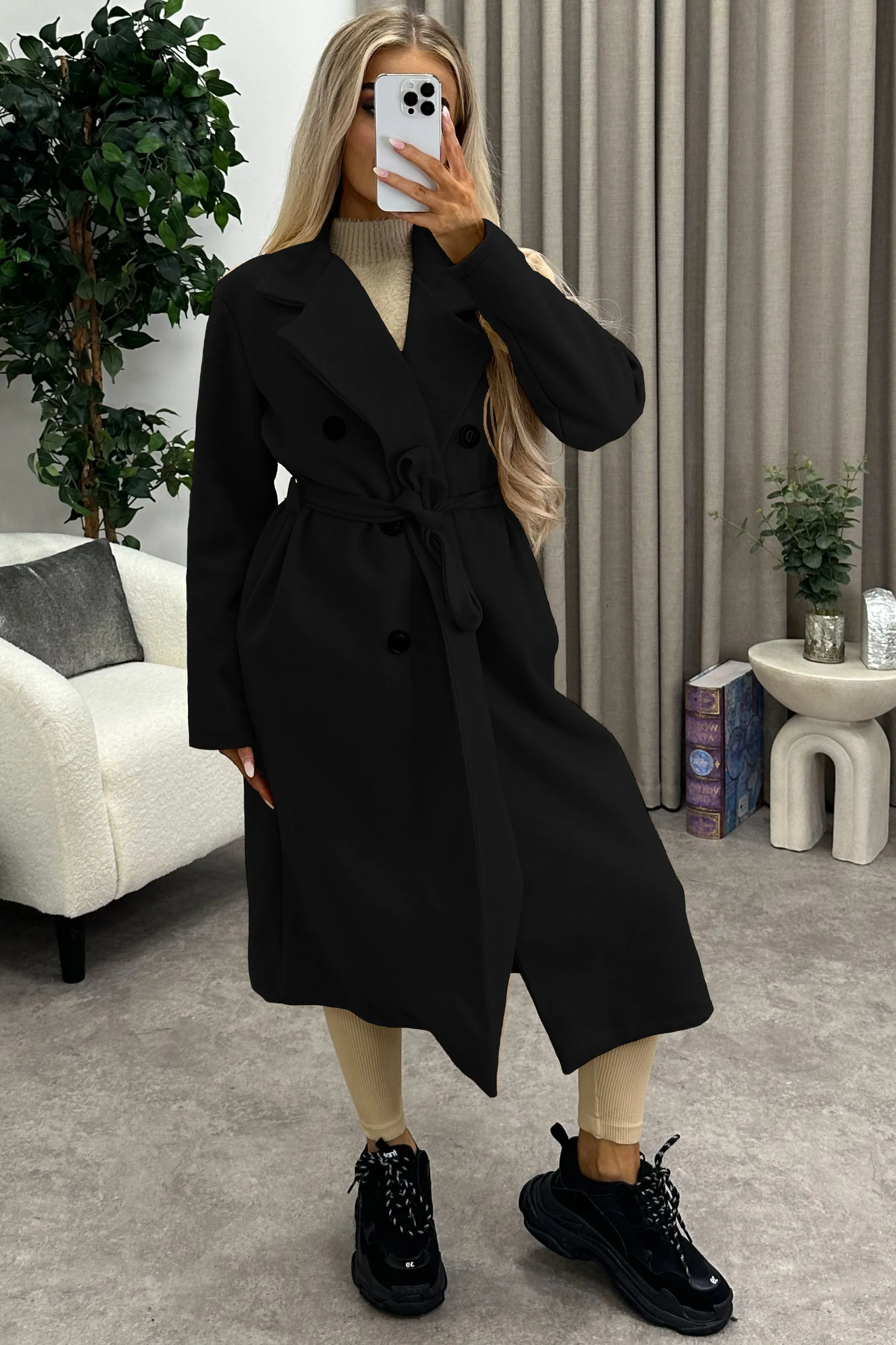 Kennie Black Wool Button Up Belted Trench Longline Coat
