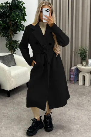 Kennie Black Wool Button Up Belted Trench Longline Coat