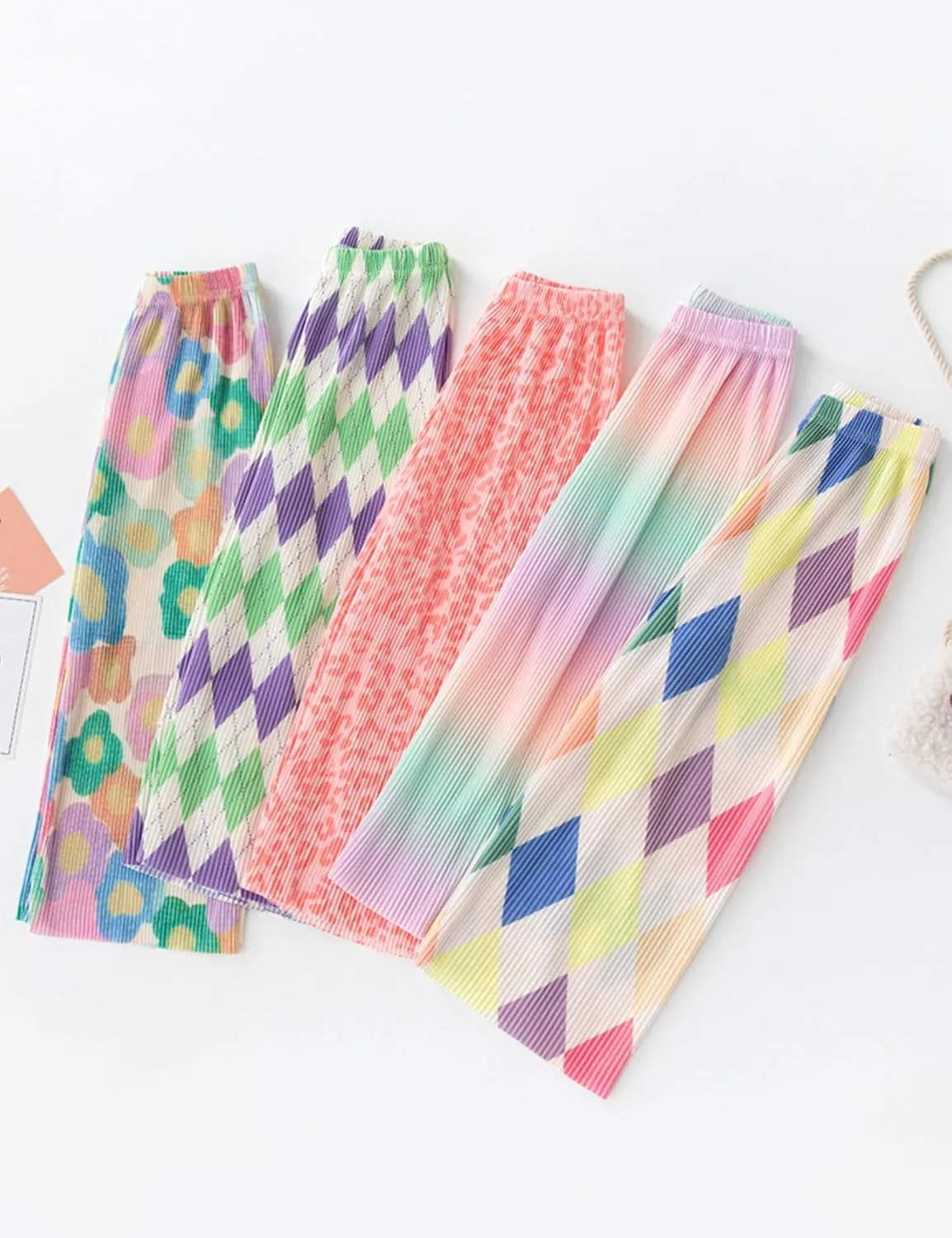 Kiench Girls Wide Leg Palazzo Pants Pleated Silky Flowy Trousers Cute Print