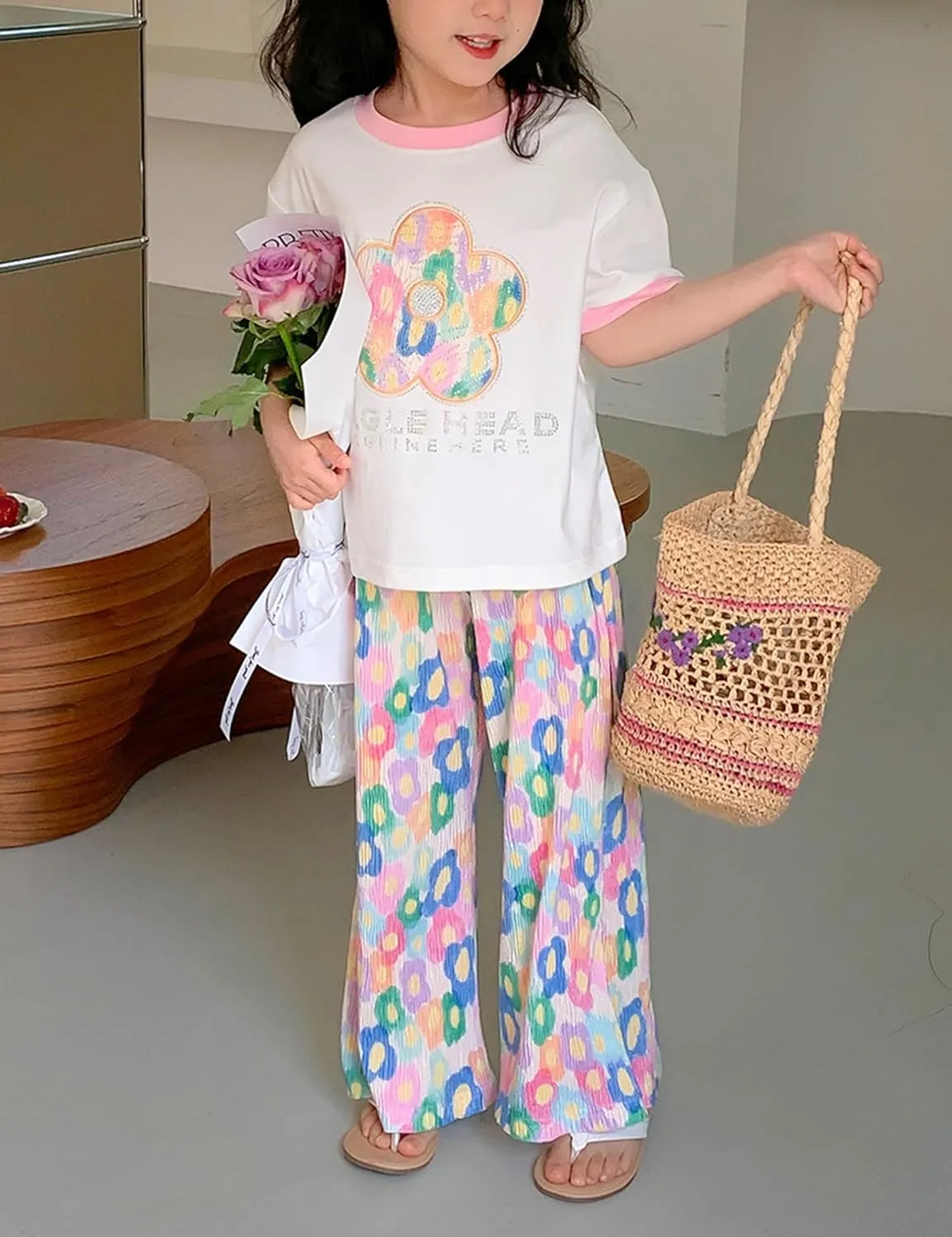 Kiench Girls Wide Leg Palazzo Pants Pleated Silky Flowy Trousers Cute Print