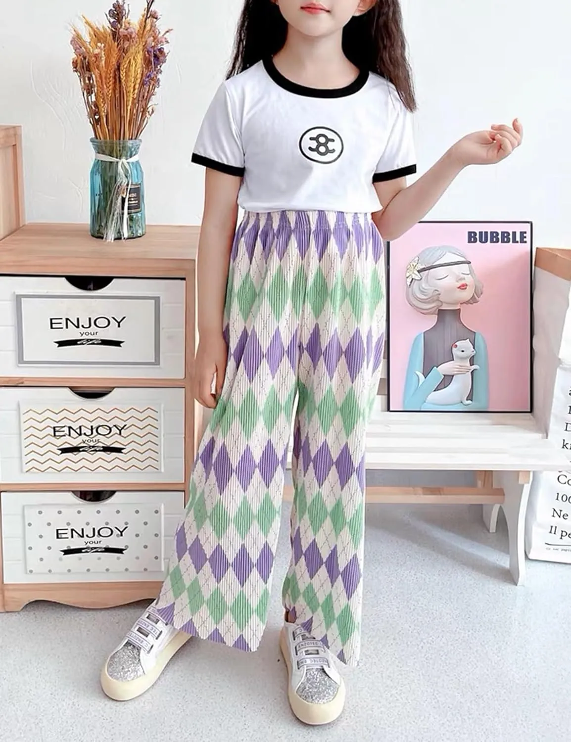Kiench Girls Wide Leg Palazzo Pants Pleated Silky Flowy Trousers Cute Print