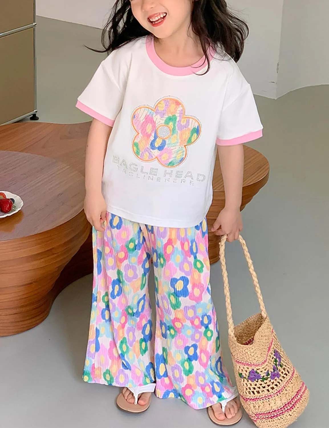 Kiench Girls Wide Leg Palazzo Pants Pleated Silky Flowy Trousers Cute Print