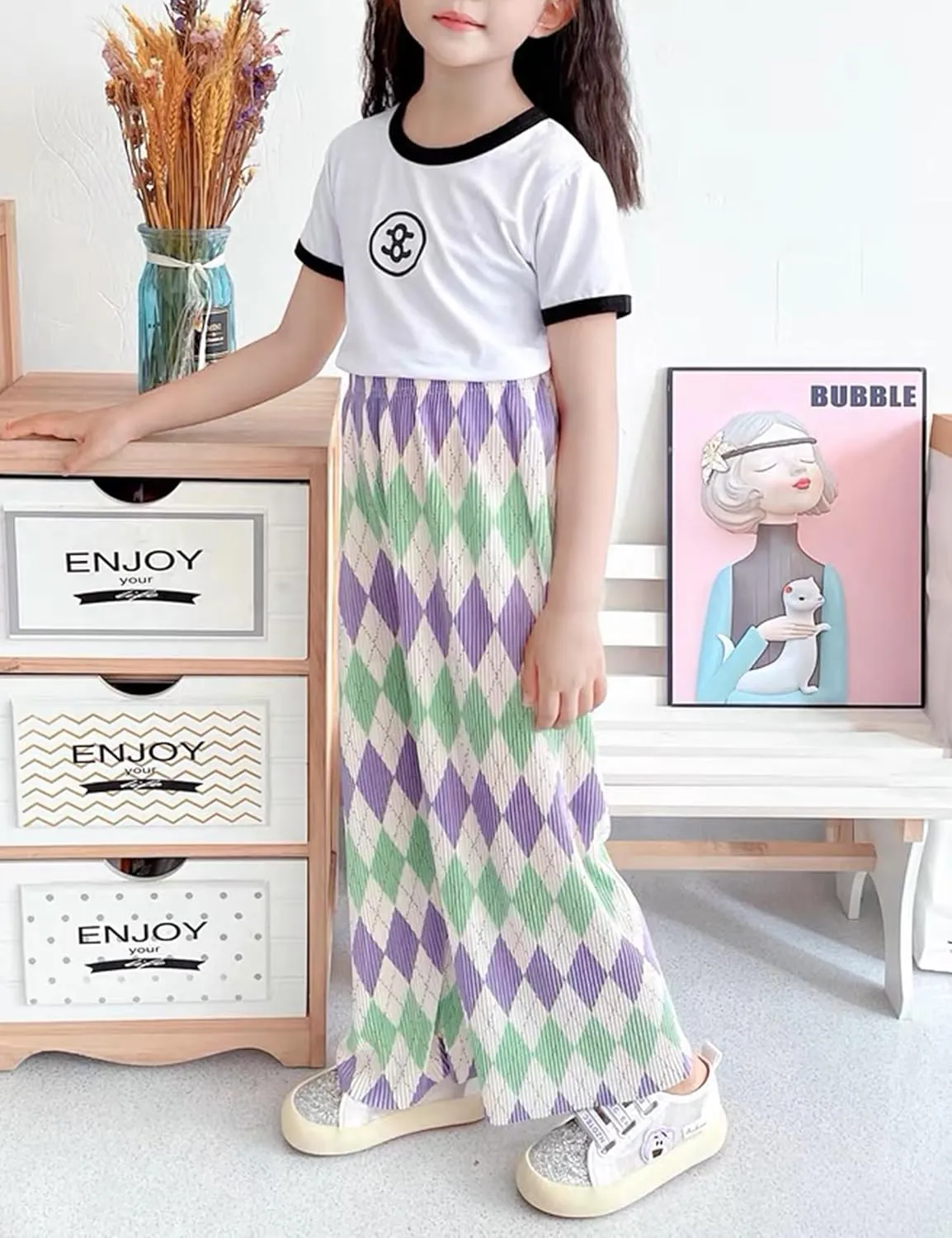 Kiench Girls Wide Leg Palazzo Pants Pleated Silky Flowy Trousers Cute Print
