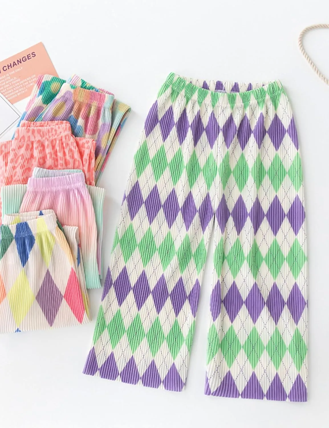 Kiench Girls Wide Leg Palazzo Pants Pleated Silky Flowy Trousers Cute Print