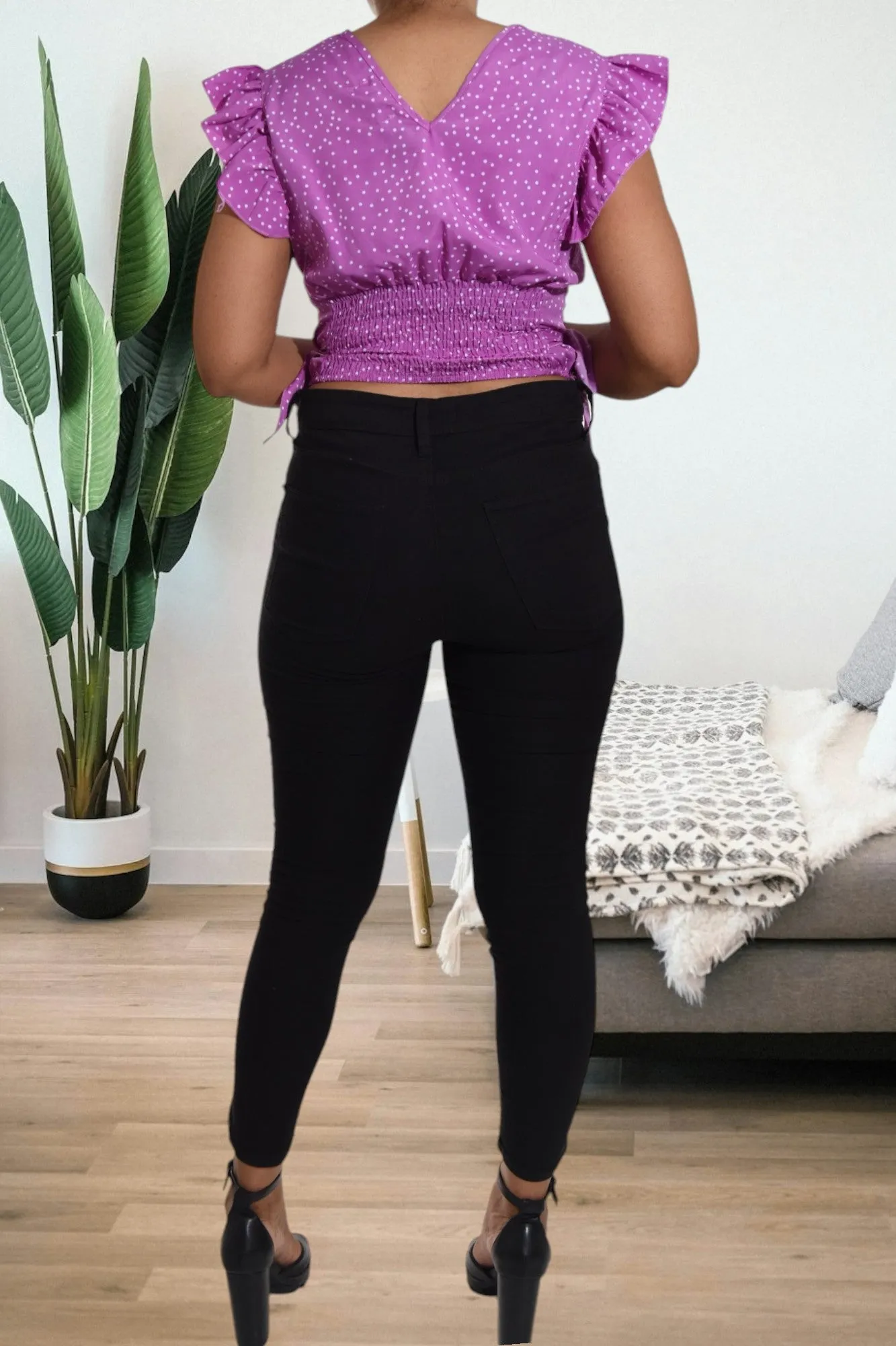 Ladies Shirred V Neck Purple Top