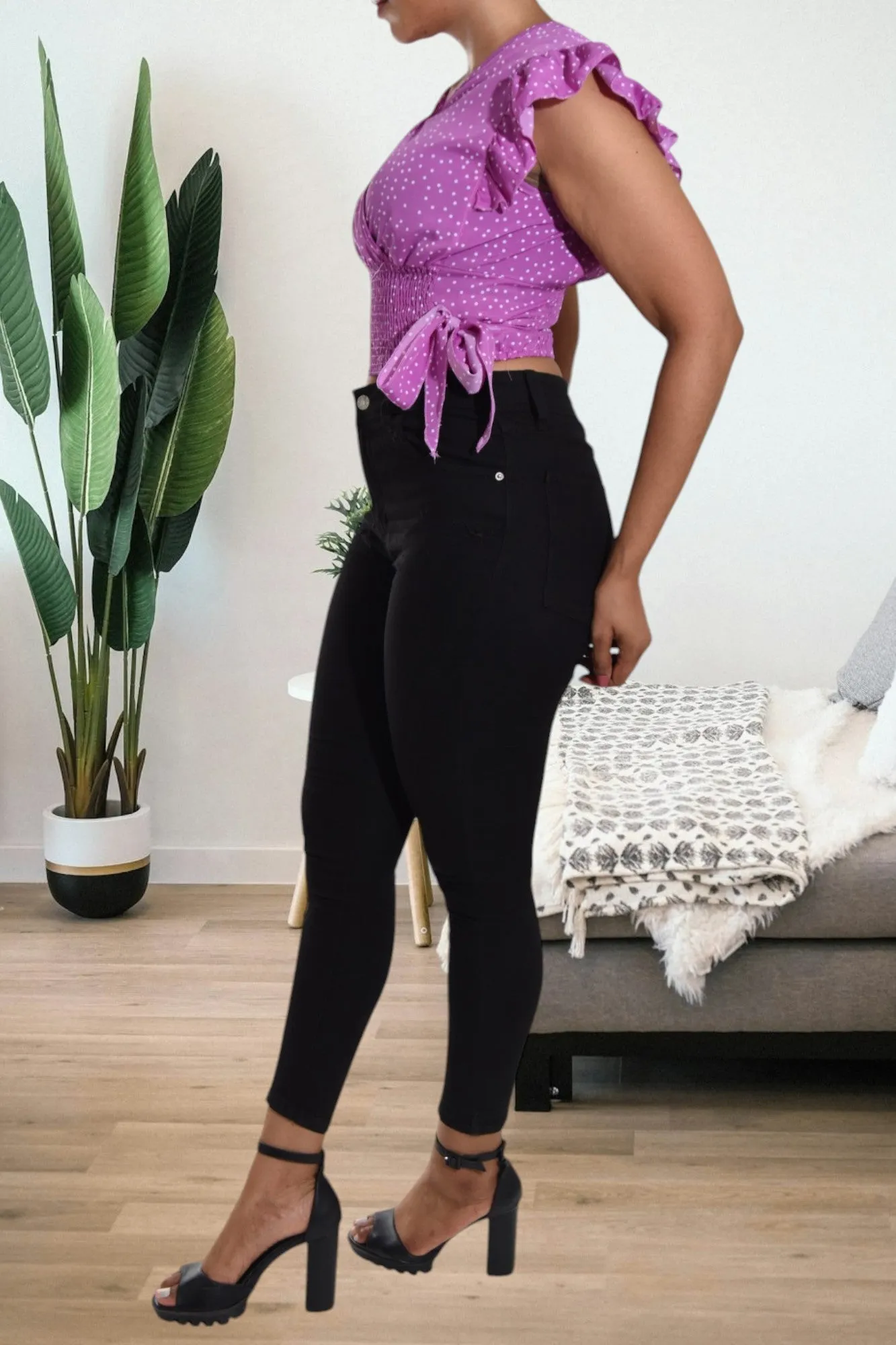 Ladies Shirred V Neck Purple Top
