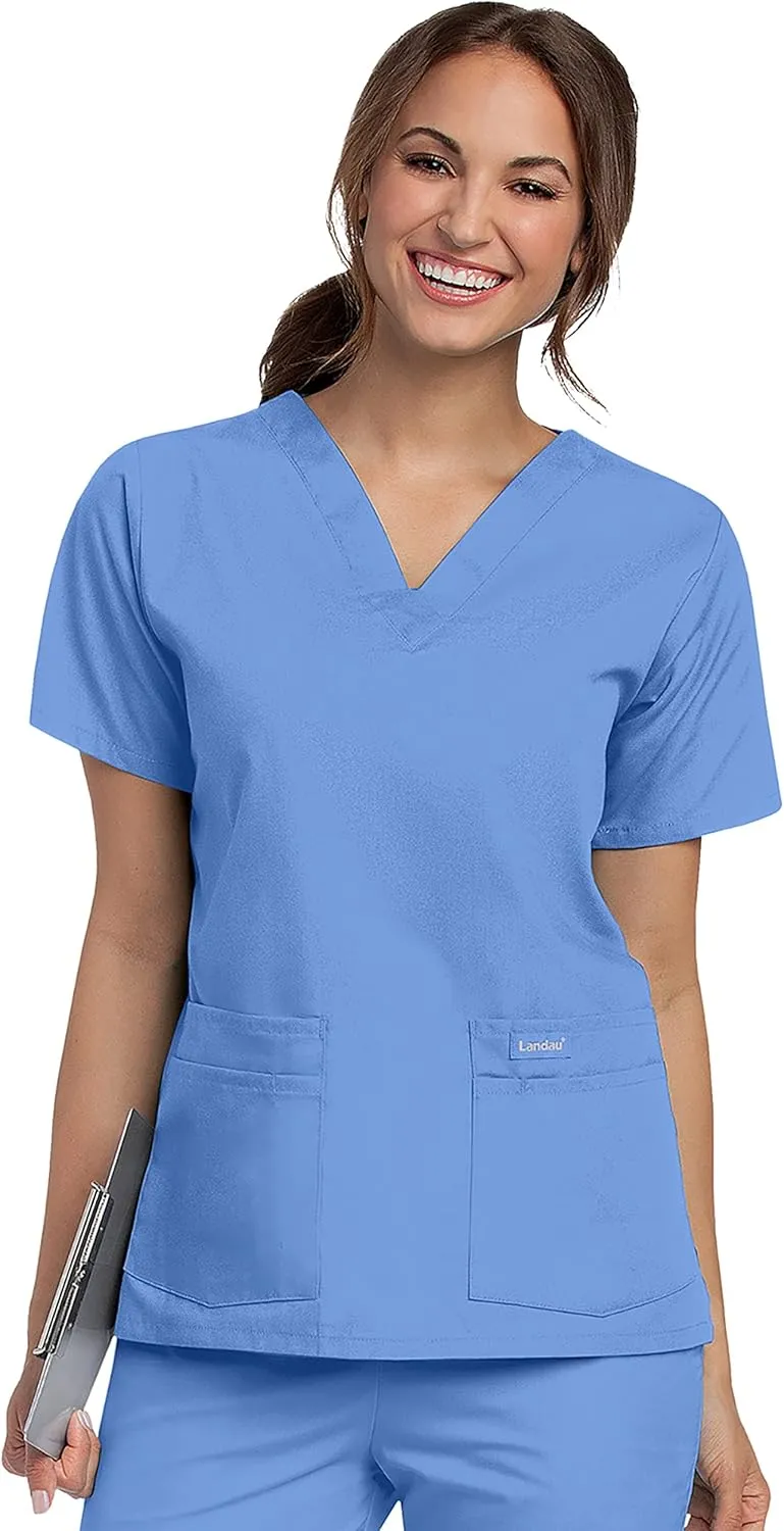 Landau Essentials Relaxed Fit 4-Pocket V-Neck Scrub Top for Women 8219