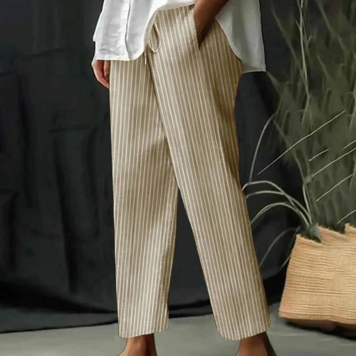Lastesso Linen Pants Women Vertical Stripe High Waist Drawstring Trousers with Pockets Soft Color Block Summer Beach Clothes