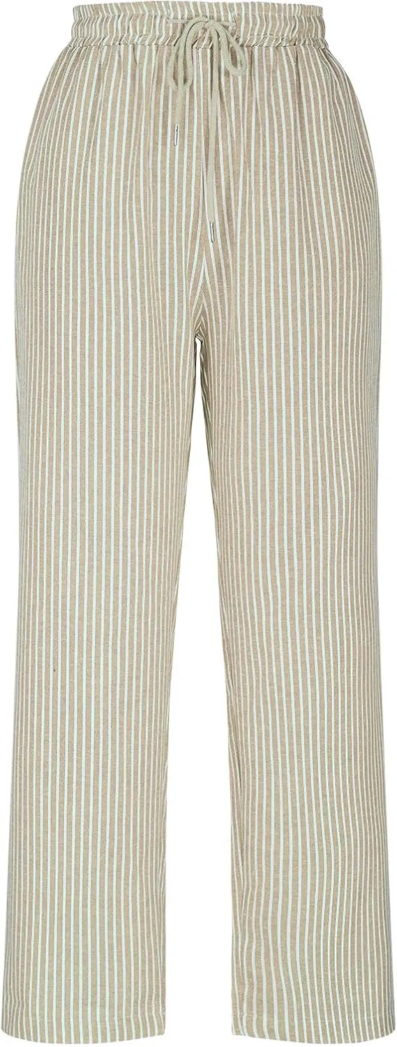 Lastesso Linen Pants Women Vertical Stripe High Waist Drawstring Trousers with Pockets Soft Color Block Summer Beach Clothes
