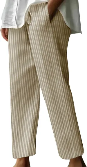 Lastesso Linen Pants Women Vertical Stripe High Waist Drawstring Trousers with Pockets Soft Color Block Summer Beach Clothes