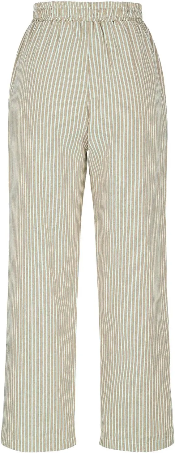 Lastesso Linen Pants Women Vertical Stripe High Waist Drawstring Trousers with Pockets Soft Color Block Summer Beach Clothes