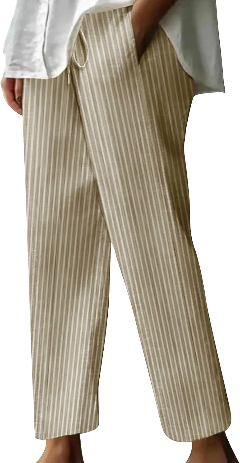 Lastesso Linen Pants Women Vertical Stripe High Waist Drawstring Trousers with Pockets Soft Color Block Summer Beach Clothes
