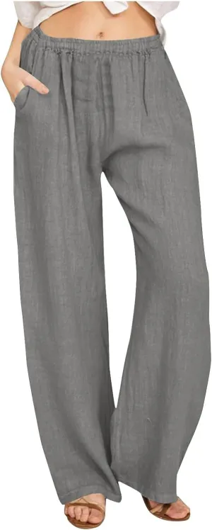 Lastesso Palazzo Pants for Women Casual Lightweight Linen Cotton Outfits with Pockets Soft High Waist Summer Lounge Trousers