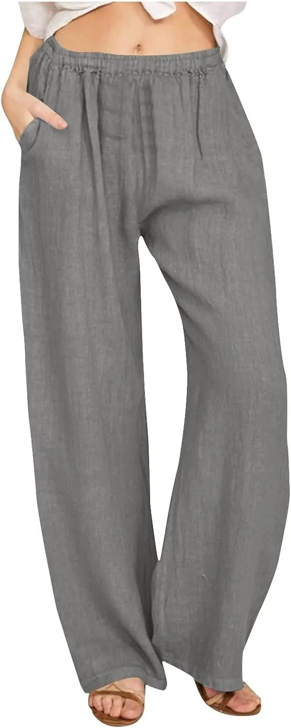 Lastesso Palazzo Pants for Women Casual Lightweight Linen Cotton Outfits with Pockets Soft High Waist Summer Lounge Trousers