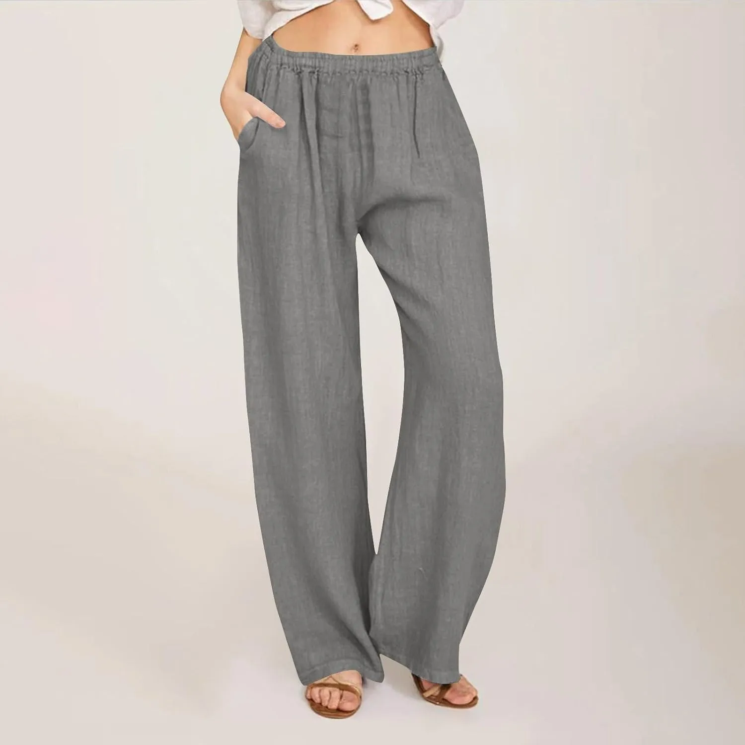 Lastesso Palazzo Pants for Women Casual Lightweight Linen Cotton Outfits with Pockets Soft High Waist Summer Lounge Trousers