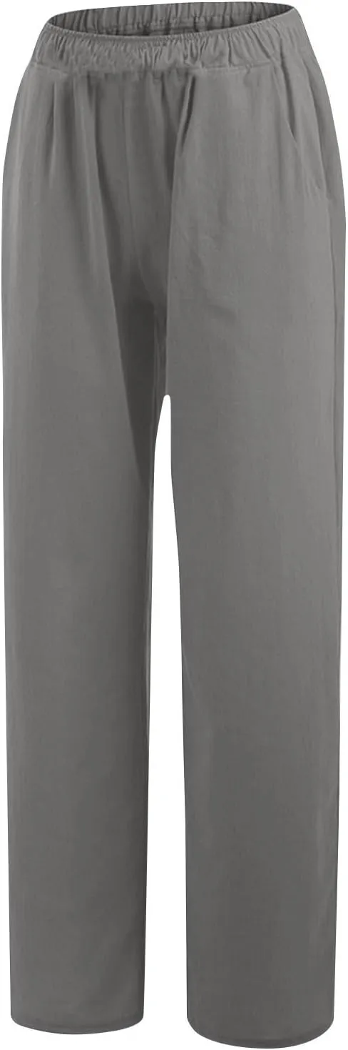 Lastesso Palazzo Pants for Women Casual Lightweight Linen Cotton Outfits with Pockets Soft High Waist Summer Lounge Trousers