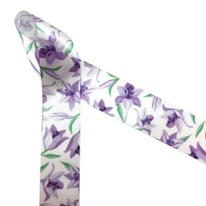 Lavender Lilly ribbon ideal for Spring printed on 1.5" white satin