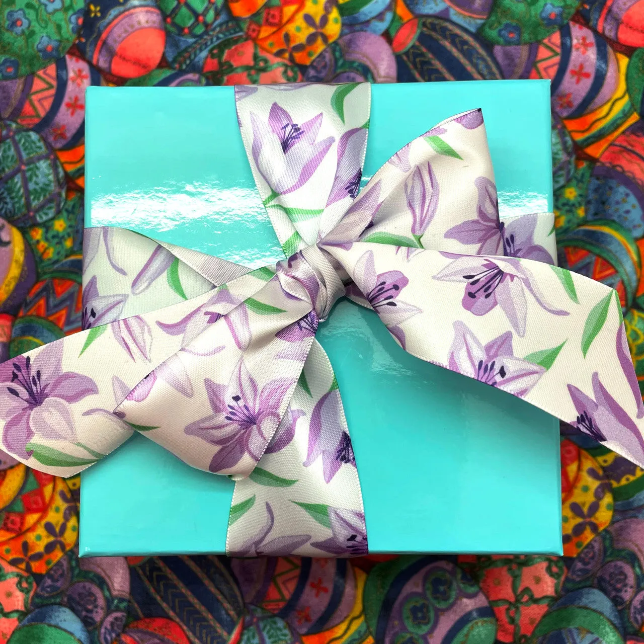 Lavender Lilly ribbon ideal for Spring printed on 1.5" white satin