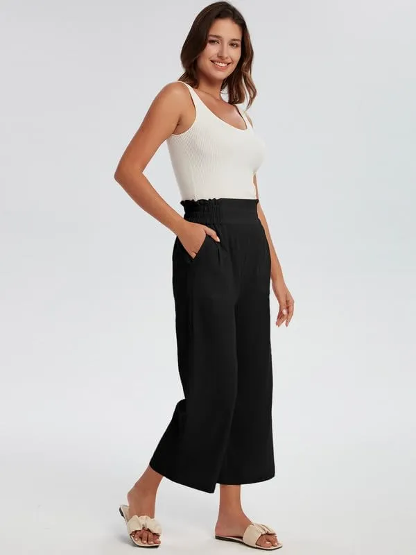 Les umes Womens Cropped Cotton Pants Elastic Waist Wide Leg Capris Casual Summer Trousers with Pockets