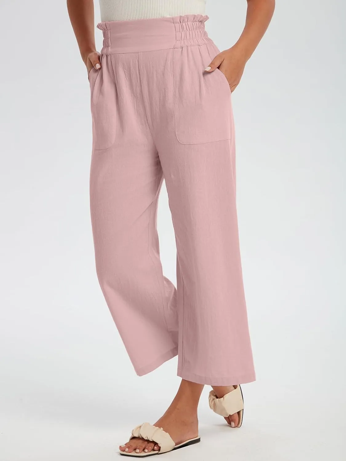 Les umes Womens Cropped Cotton Pants Elastic Waist Wide Leg Capris Casual Summer Trousers with Pockets