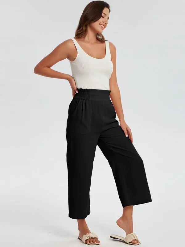 Les umes Womens Cropped Cotton Pants Elastic Waist Wide Leg Capris Casual Summer Trousers with Pockets