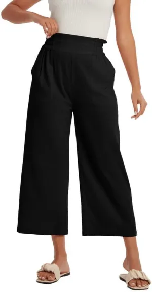 Les umes Womens Cropped Cotton Pants Elastic Waist Wide Leg Capris Casual Summer Trousers with Pockets