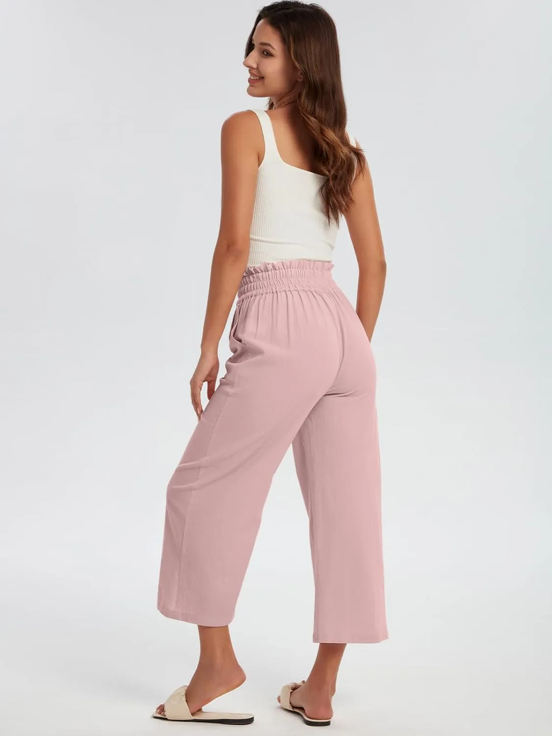 Les umes Womens Cropped Cotton Pants Elastic Waist Wide Leg Capris Casual Summer Trousers with Pockets
