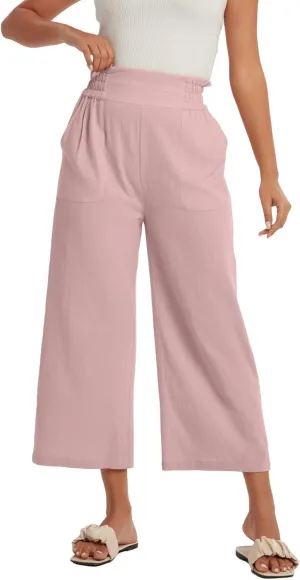 Les umes Womens Cropped Cotton Pants Elastic Waist Wide Leg Capris Casual Summer Trousers with Pockets