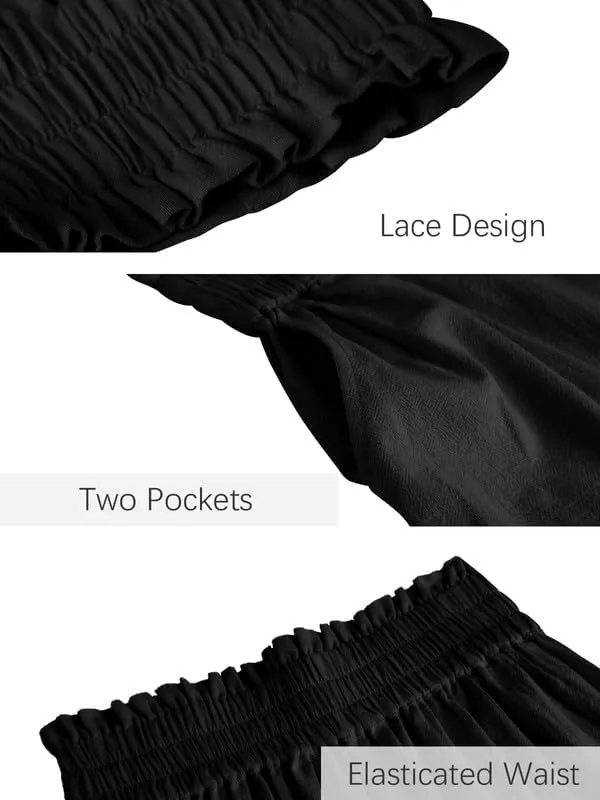 Les umes Womens Cropped Cotton Pants Elastic Waist Wide Leg Capris Casual Summer Trousers with Pockets