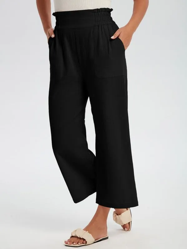 Les umes Womens Cropped Cotton Pants Elastic Waist Wide Leg Capris Casual Summer Trousers with Pockets