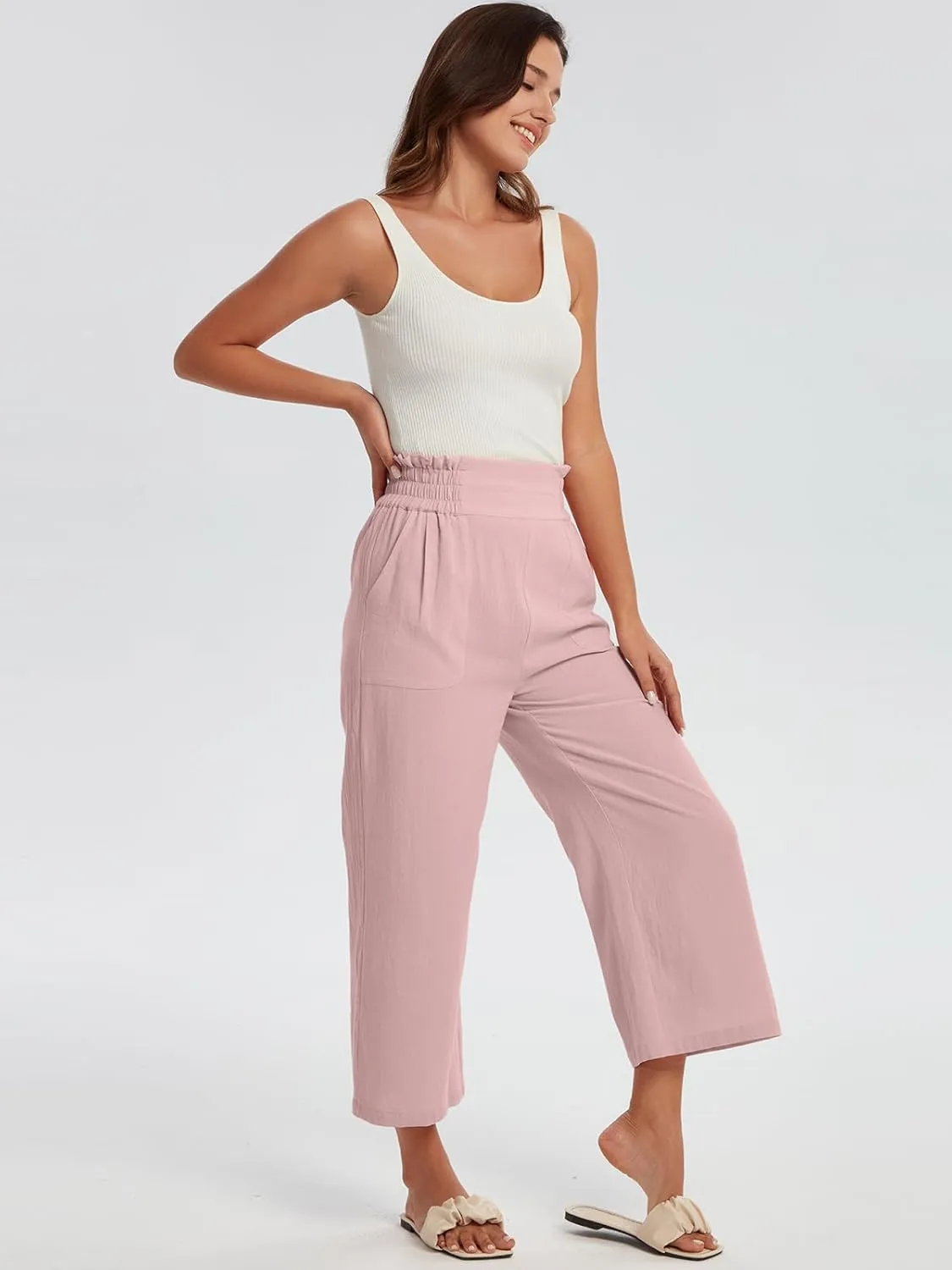 Les umes Womens Cropped Cotton Pants Elastic Waist Wide Leg Capris Casual Summer Trousers with Pockets