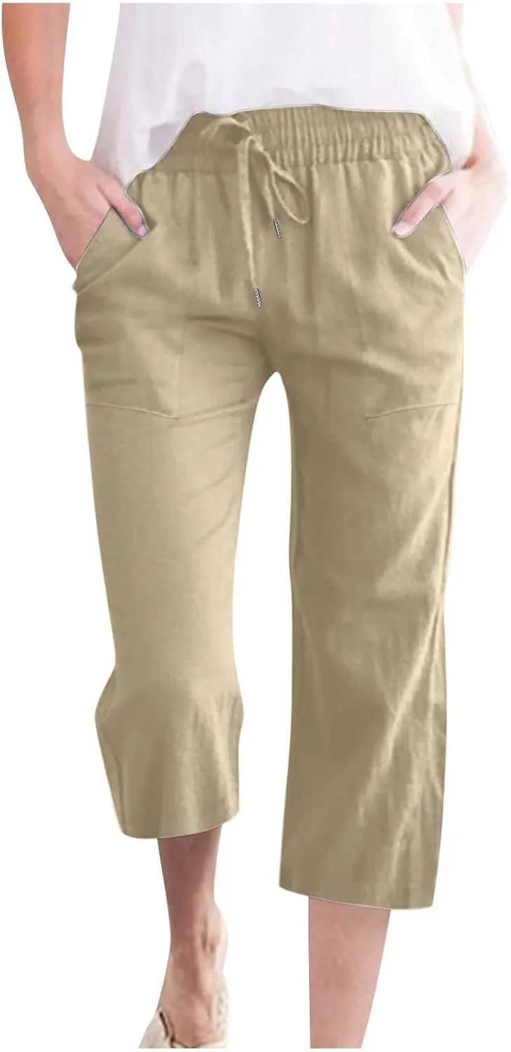 Lightweight Linen Pants Women Linen Pant Drawstring Elastic Trousers Comfy Straight Leg Linen Blend Pants Linen Outfit