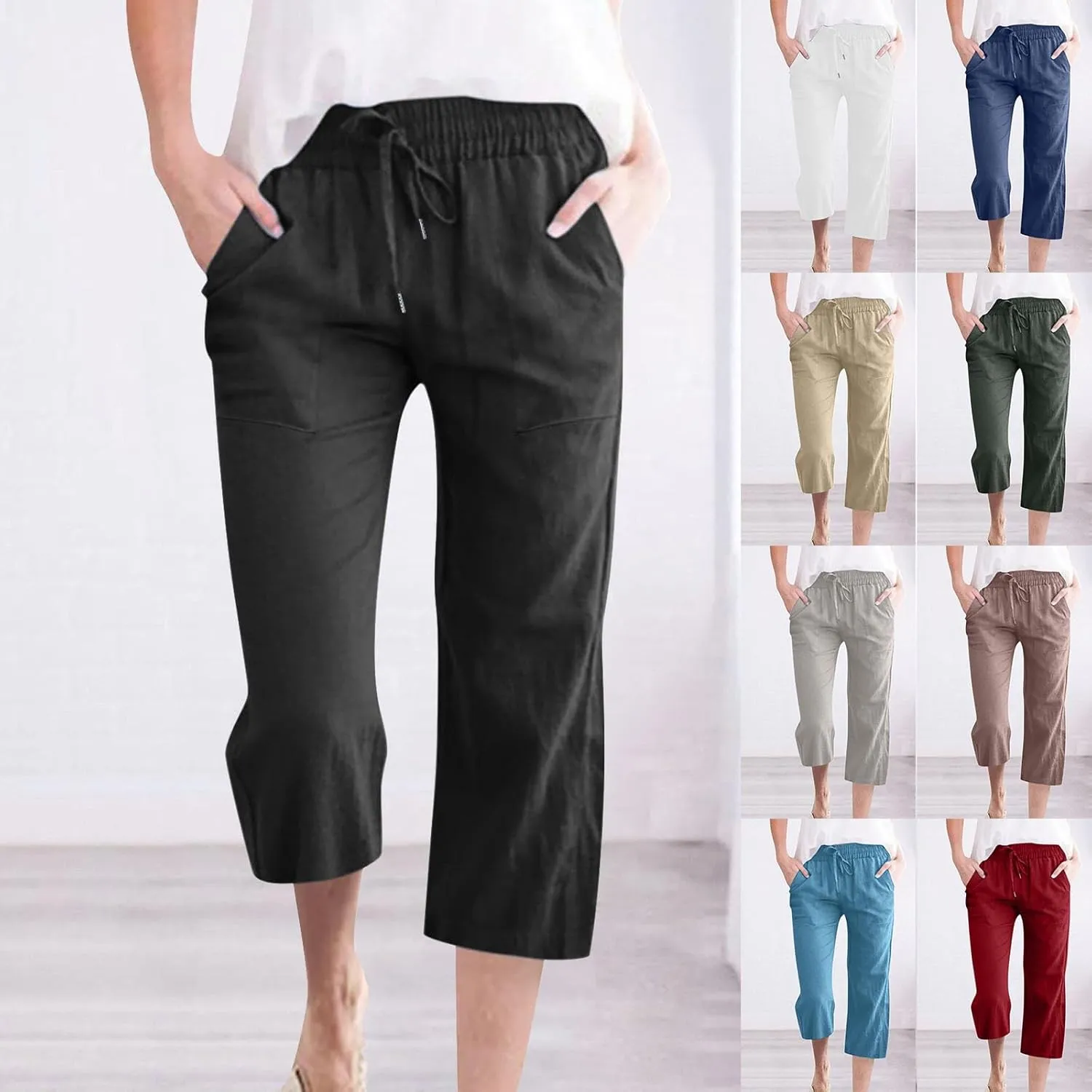 Lightweight Linen Pants Women Linen Pant Drawstring Elastic Trousers Comfy Straight Leg Linen Blend Pants Linen Outfit