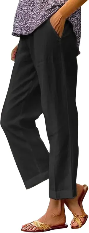 Linen Capri Pants for Women 2025 High Waisted Wide Leg Loose Pants Lounge Comfy Solid Soft Trousers Resort Wear
