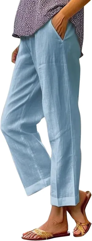 Linen Capri Pants for Women 2025 High Waisted Wide Leg Loose Pants Lounge Comfy Solid Soft Trousers Resort Wear
