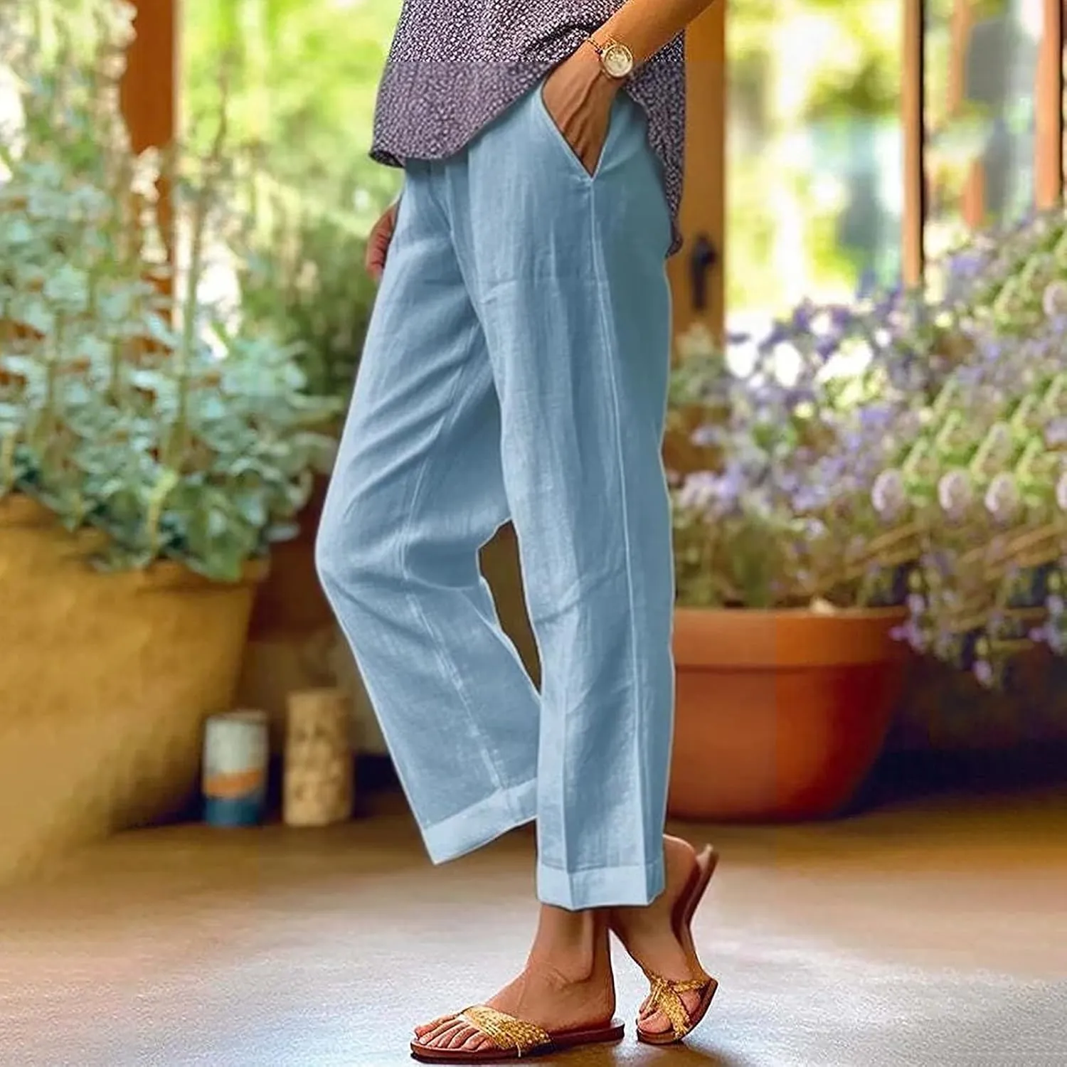 Linen Capri Pants for Women 2025 High Waisted Wide Leg Loose Pants Lounge Comfy Solid Soft Trousers Resort Wear
