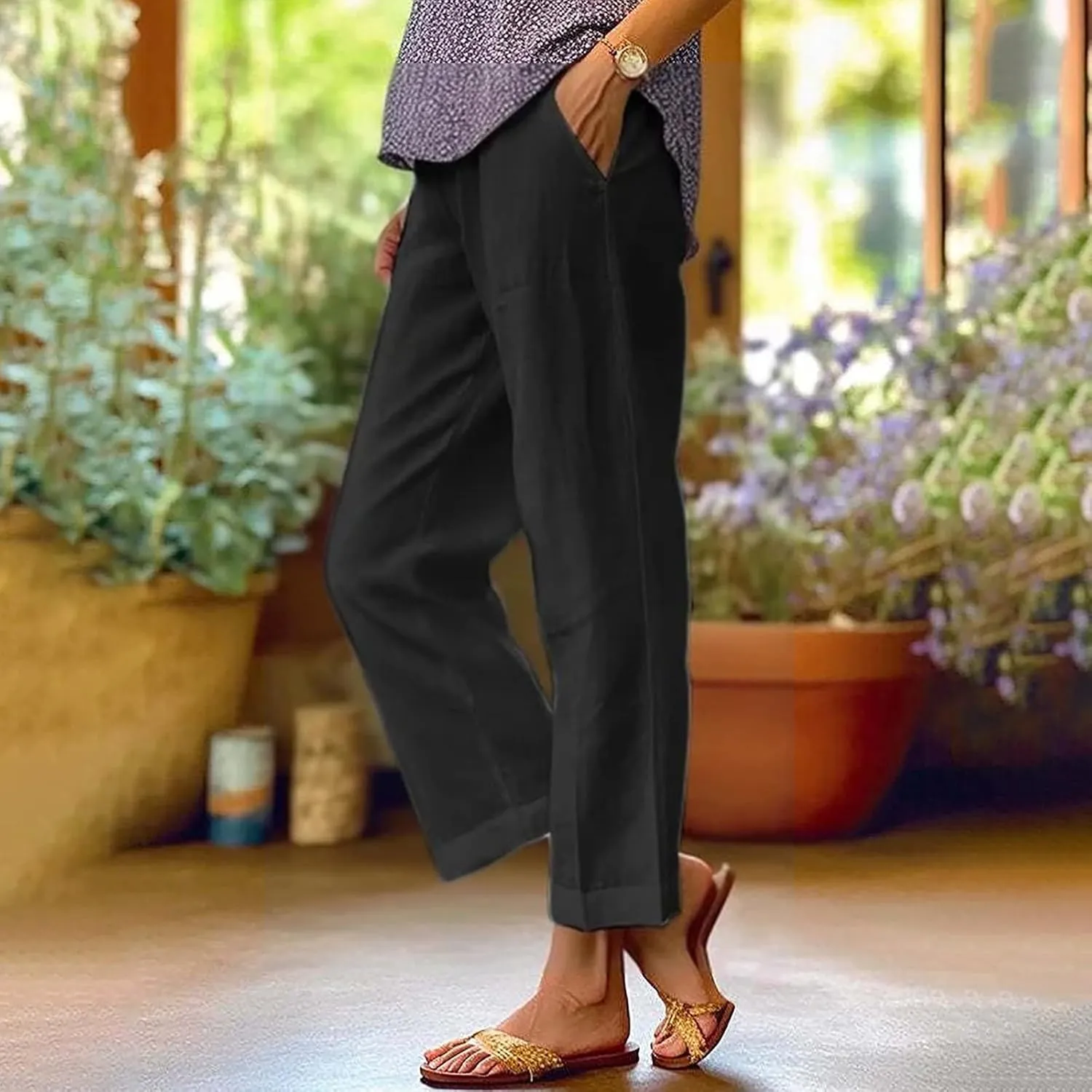 Linen Capri Pants for Women 2025 High Waisted Wide Leg Loose Pants Lounge Comfy Solid Soft Trousers Resort Wear