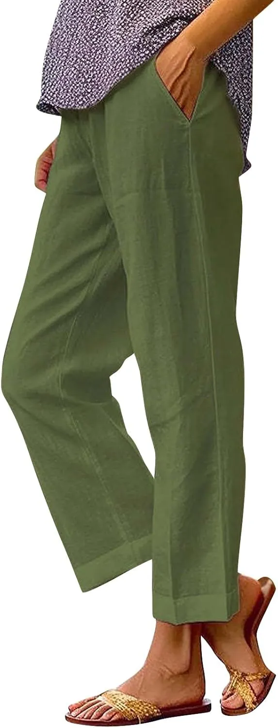 Linen Capri Pants for Women 2025 High Waisted Wide Leg Loose Pants Lounge Comfy Solid Soft Trousers Resort Wear