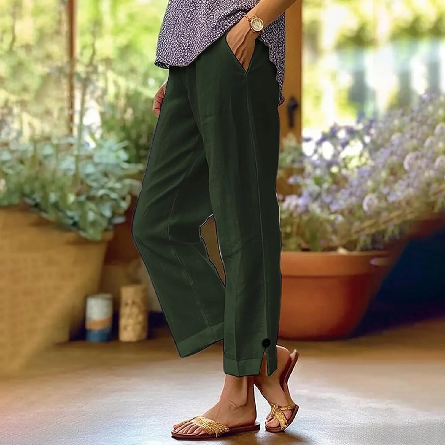 Linen Capri Pants for Women 2025 High Waisted Wide Leg Loose Pants Lounge Comfy Solid Soft Trousers Resort Wear