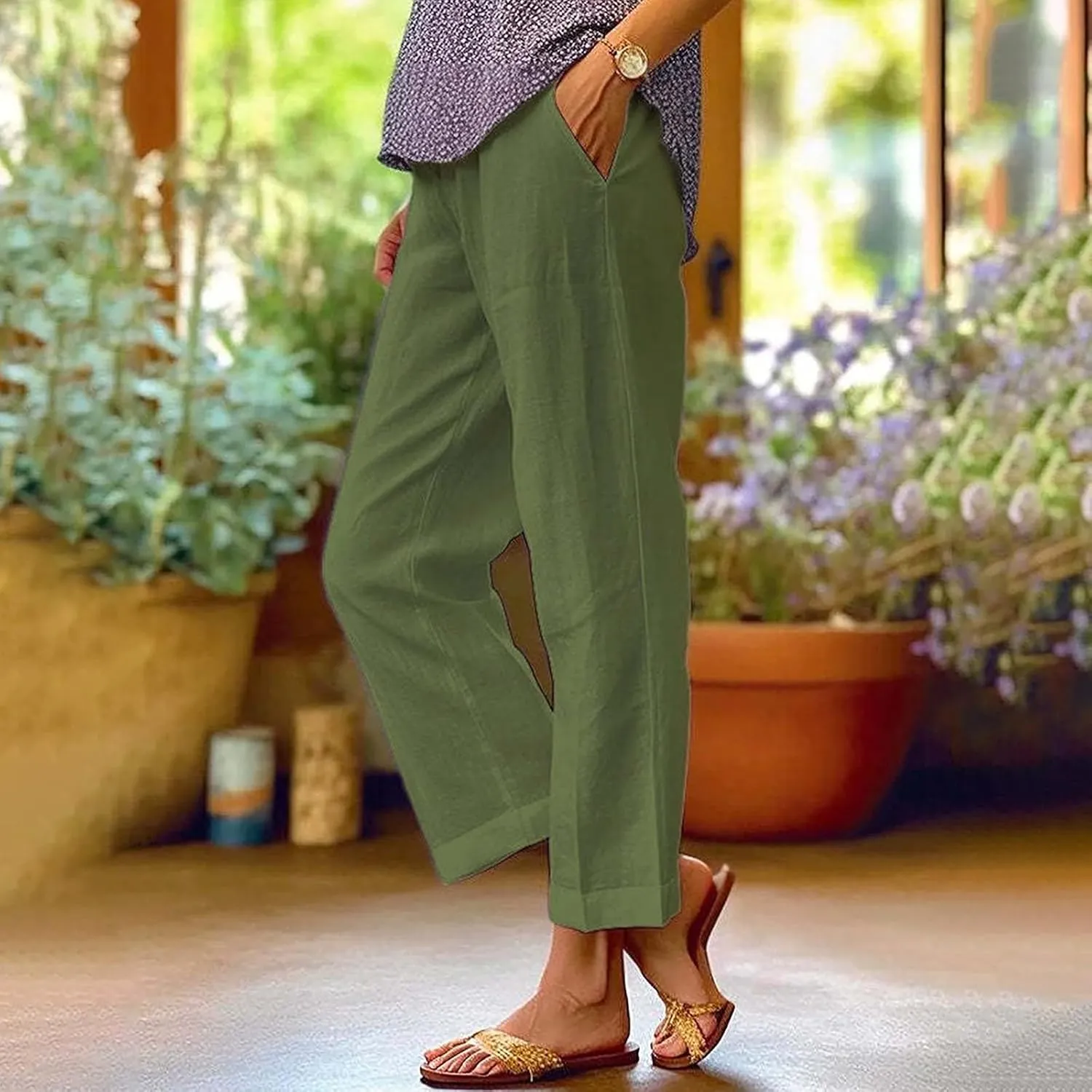 Linen Capri Pants for Women 2025 High Waisted Wide Leg Loose Pants Lounge Comfy Solid Soft Trousers Resort Wear