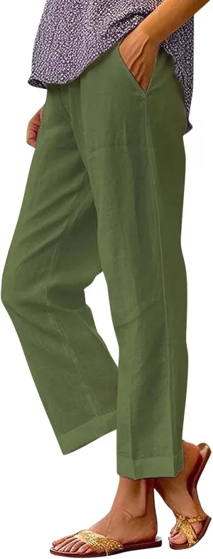 Linen Capri Pants for Women 2025 High Waisted Wide Leg Loose Pants Lounge Comfy Solid Soft Trousers Resort Wear
