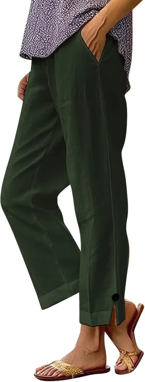 Linen Capri Pants for Women 2025 High Waisted Wide Leg Loose Pants Lounge Comfy Solid Soft Trousers Resort Wear